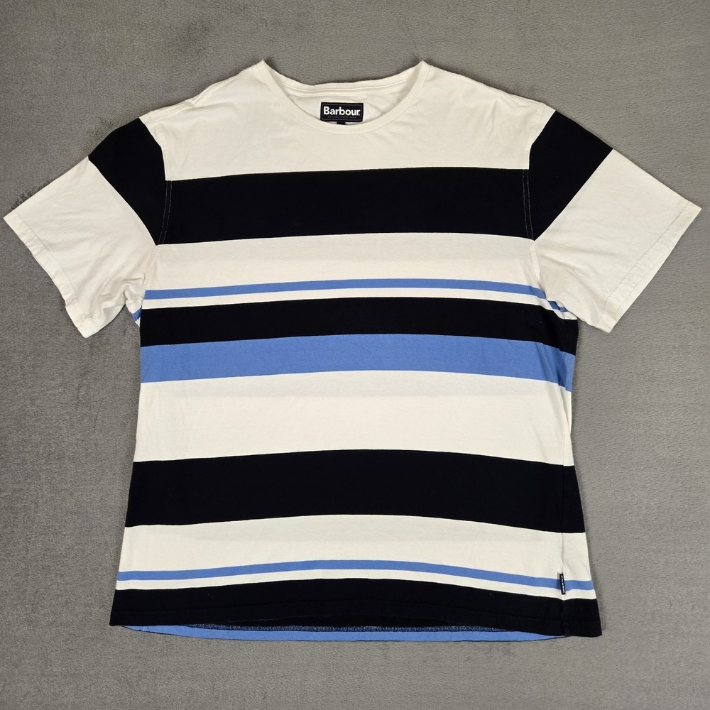 Barbour Shirt Mens 2XL Blue White Stripe Tee Crew Neck Short Sleeve Outdoor
